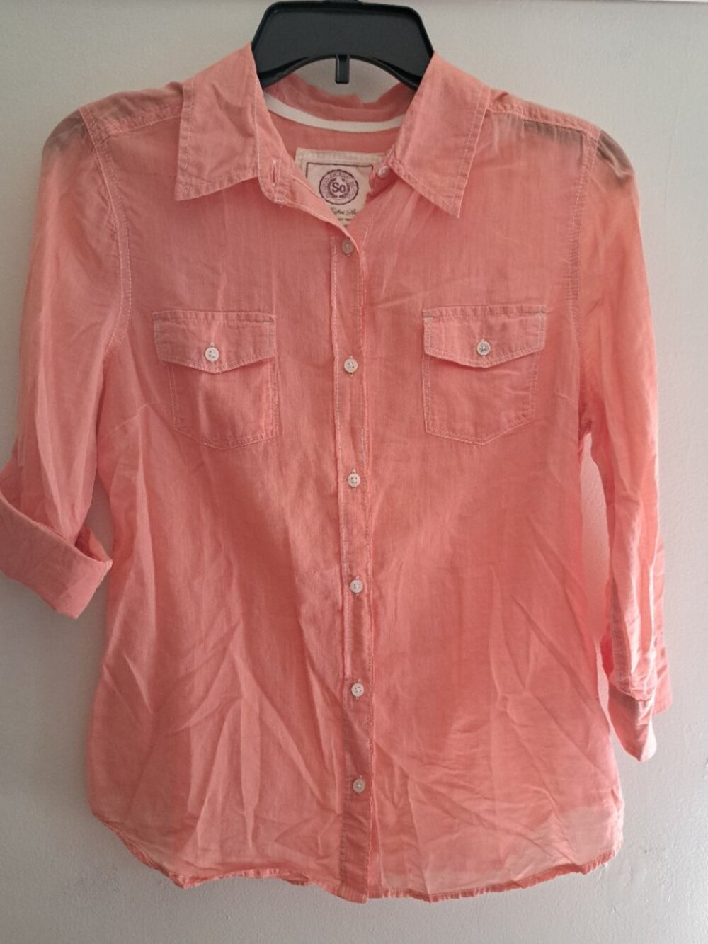 SO Women's Coral Button Down Shirt Roll Up 3/4 length sleeves Cotton Size Large